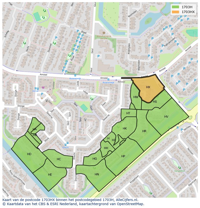 Afbeelding van het postcodegebied 1703 HX op de kaart.