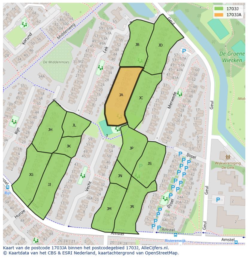 Afbeelding van het postcodegebied 1703 JA op de kaart.