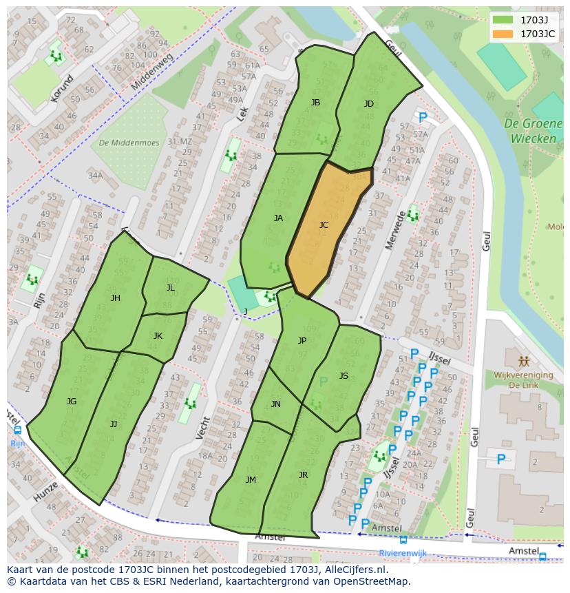 Afbeelding van het postcodegebied 1703 JC op de kaart.