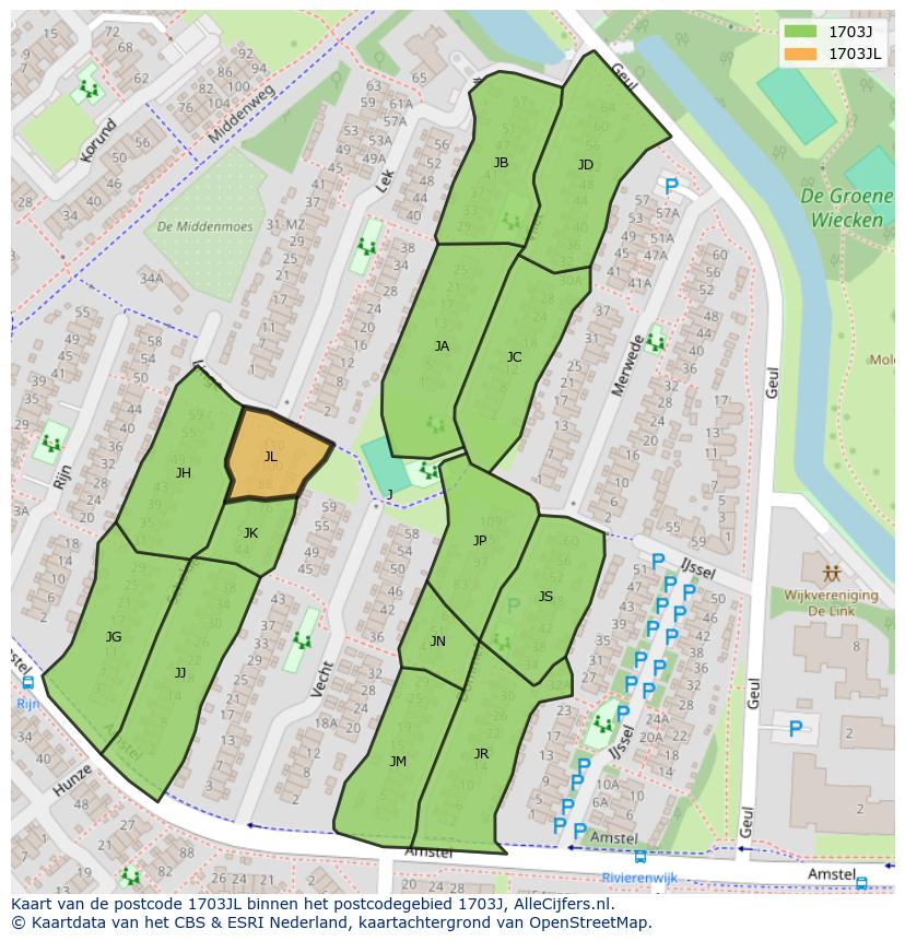 Afbeelding van het postcodegebied 1703 JL op de kaart.