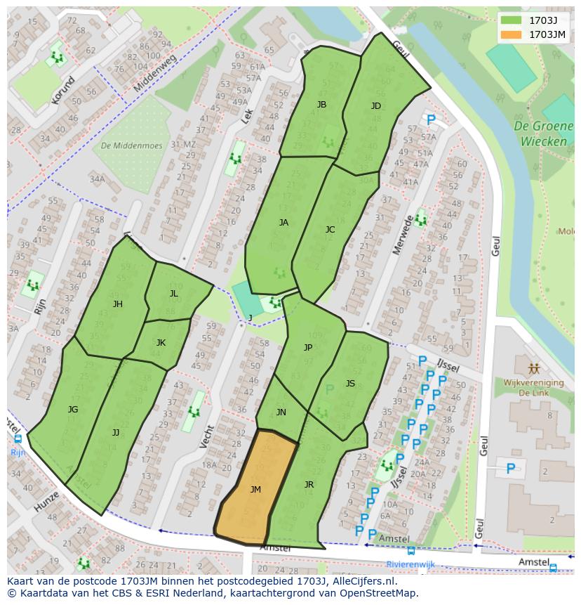 Afbeelding van het postcodegebied 1703 JM op de kaart.