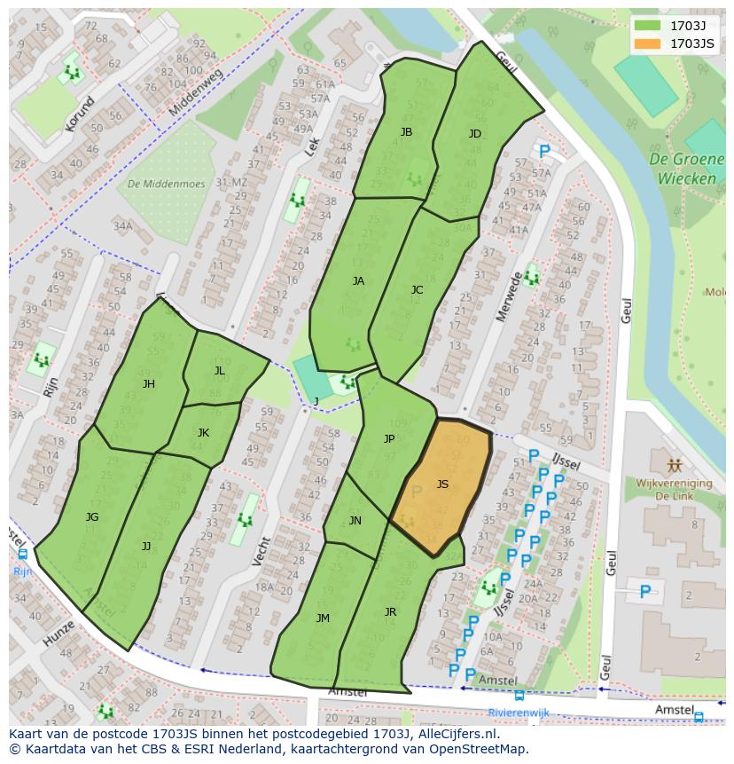 Afbeelding van het postcodegebied 1703 JS op de kaart.