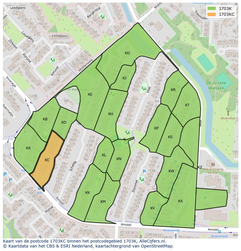 Afbeelding van het postcodegebied 1703 KC op de kaart.