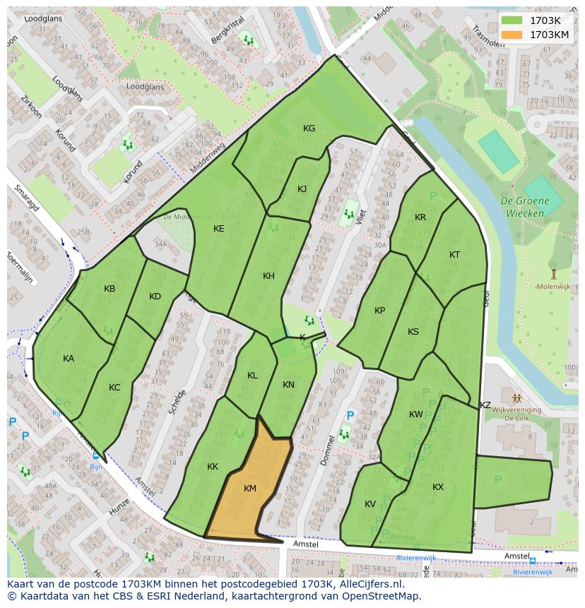 Afbeelding van het postcodegebied 1703 KM op de kaart.