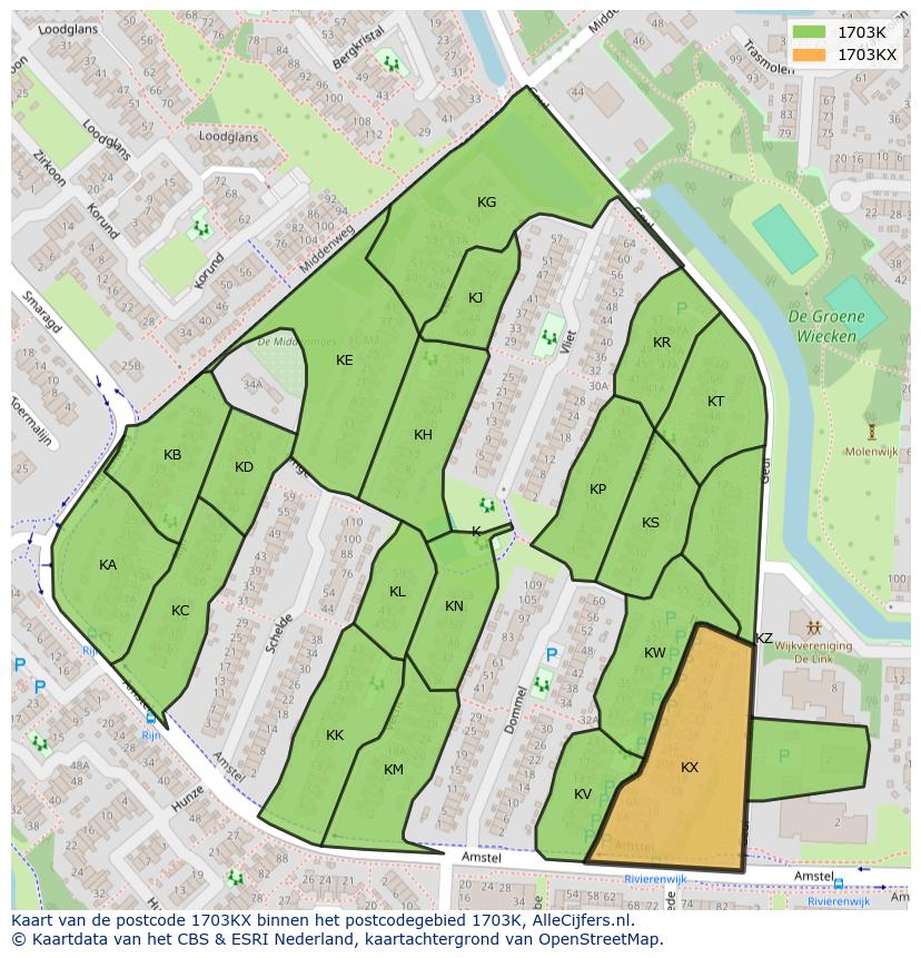 Afbeelding van het postcodegebied 1703 KX op de kaart.