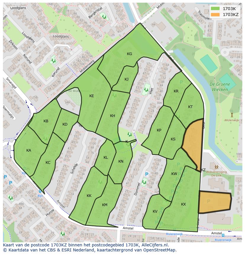 Afbeelding van het postcodegebied 1703 KZ op de kaart.