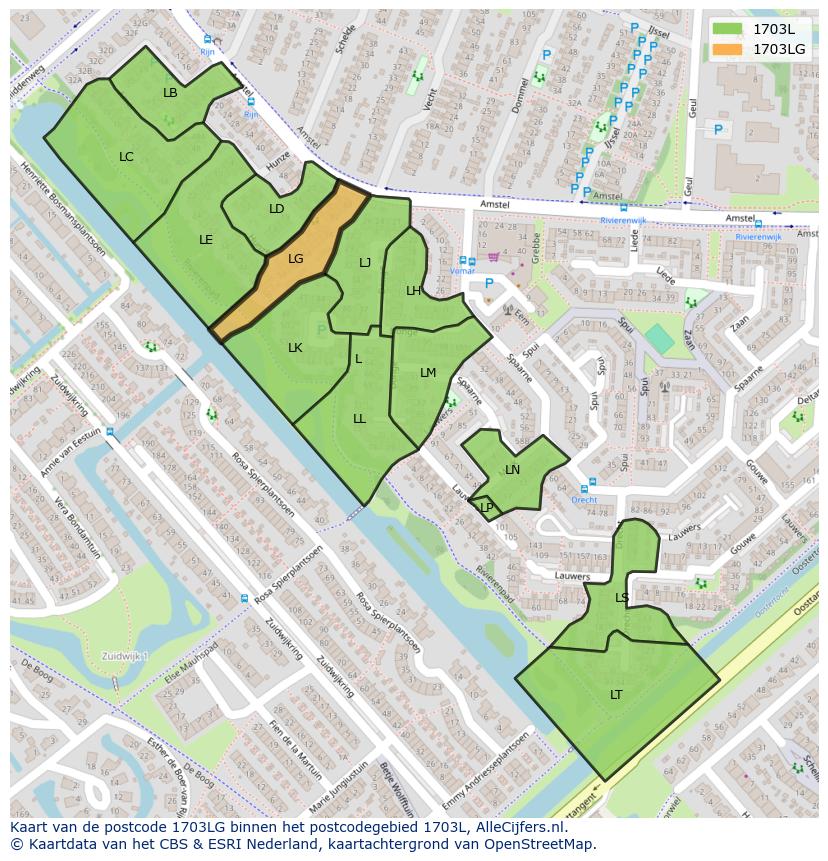 Afbeelding van het postcodegebied 1703 LG op de kaart.