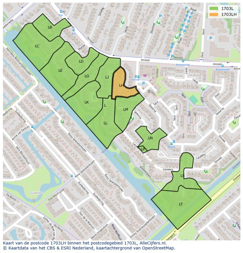 Afbeelding van het postcodegebied 1703 LH op de kaart.