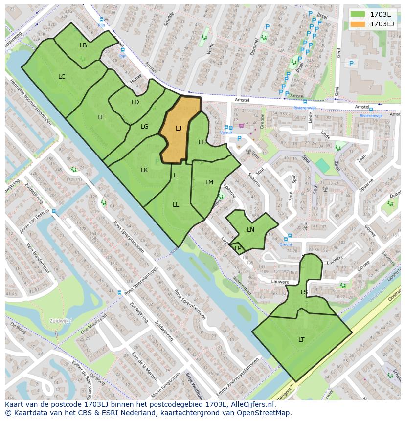 Afbeelding van het postcodegebied 1703 LJ op de kaart.