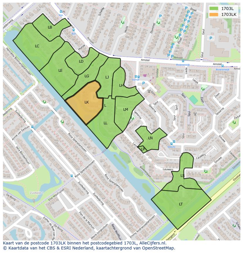 Afbeelding van het postcodegebied 1703 LK op de kaart.