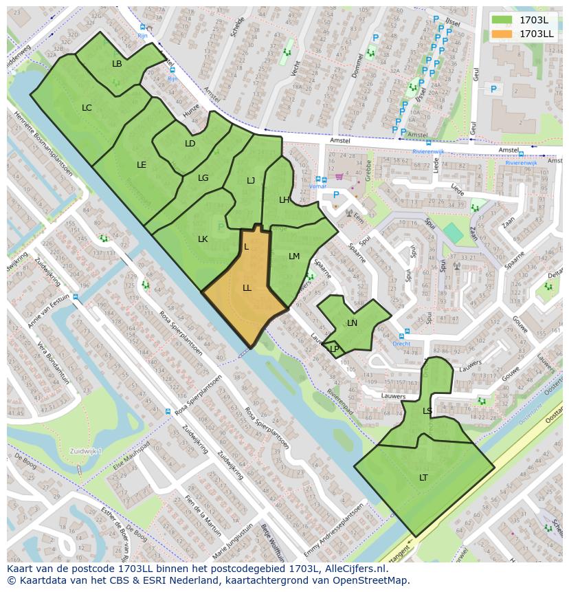 Afbeelding van het postcodegebied 1703 LL op de kaart.