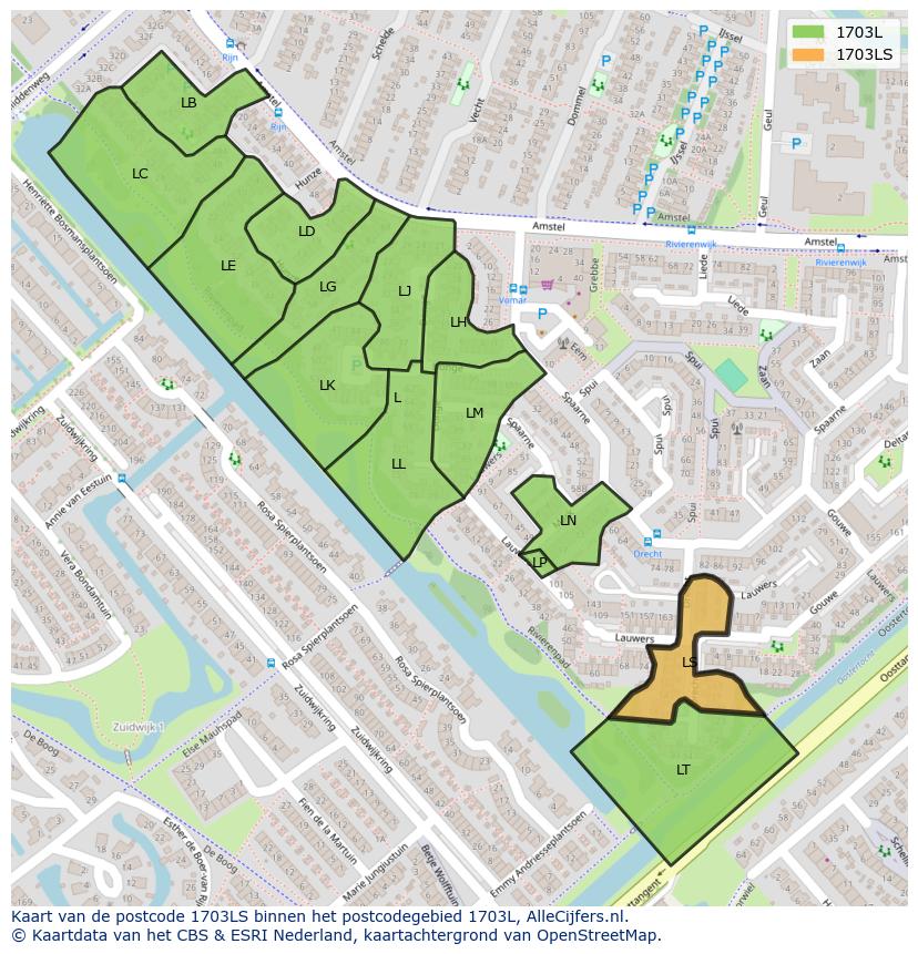 Afbeelding van het postcodegebied 1703 LS op de kaart.