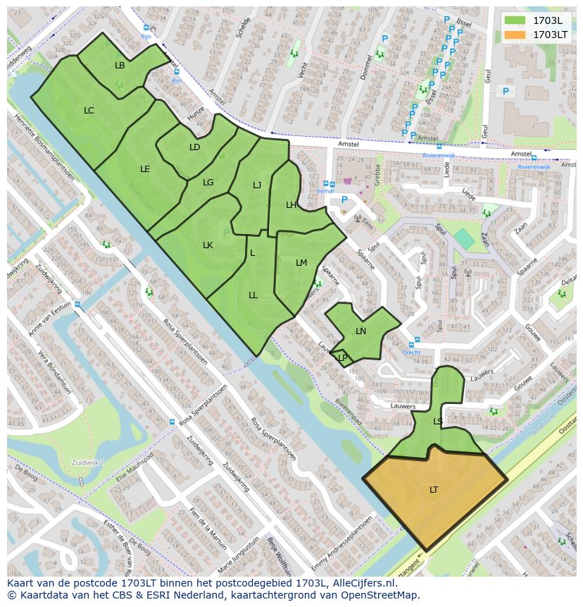 Afbeelding van het postcodegebied 1703 LT op de kaart.