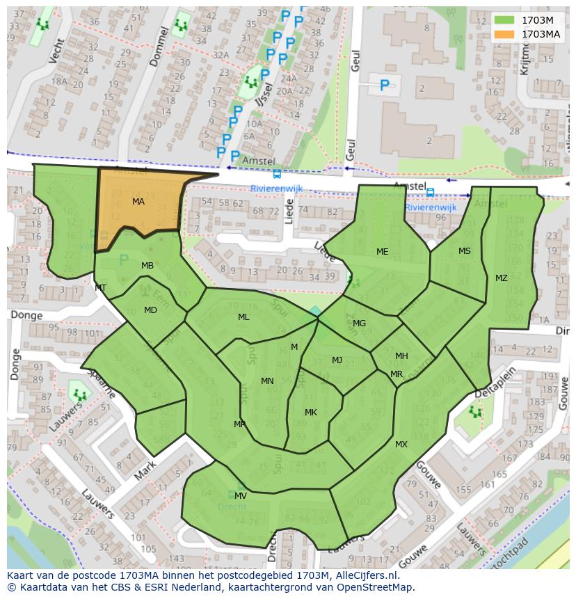 Afbeelding van het postcodegebied 1703 MA op de kaart.