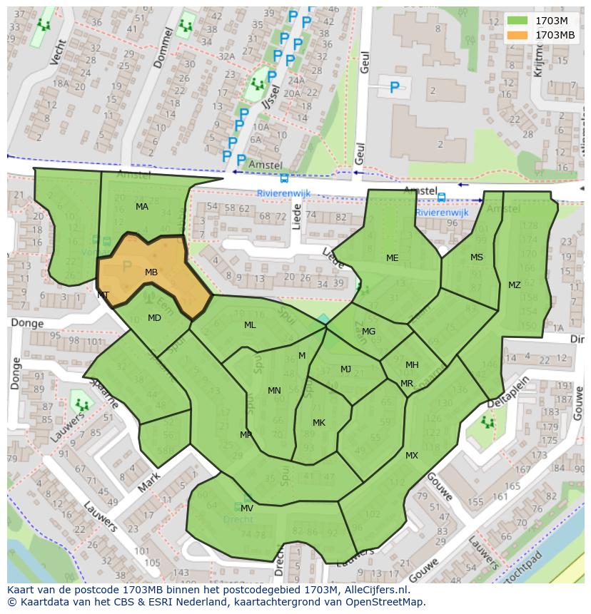 Afbeelding van het postcodegebied 1703 MB op de kaart.