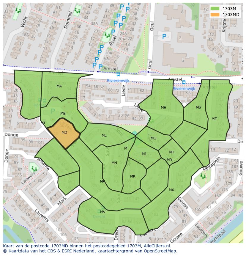 Afbeelding van het postcodegebied 1703 MD op de kaart.