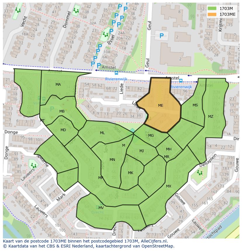 Afbeelding van het postcodegebied 1703 ME op de kaart.