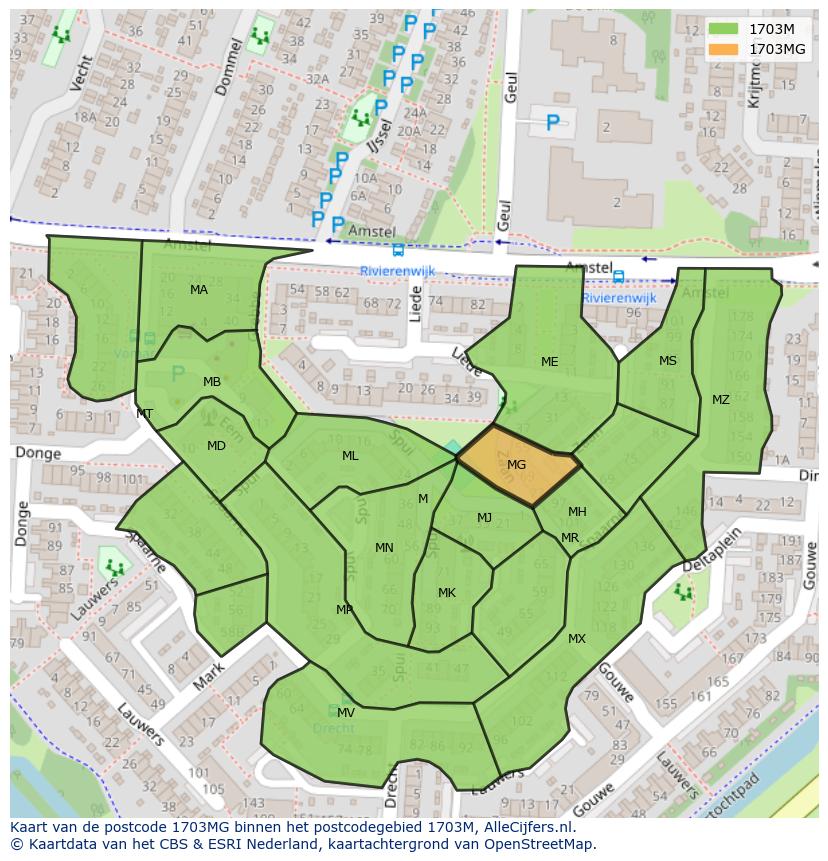 Afbeelding van het postcodegebied 1703 MG op de kaart.
