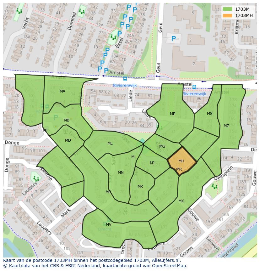 Afbeelding van het postcodegebied 1703 MH op de kaart.