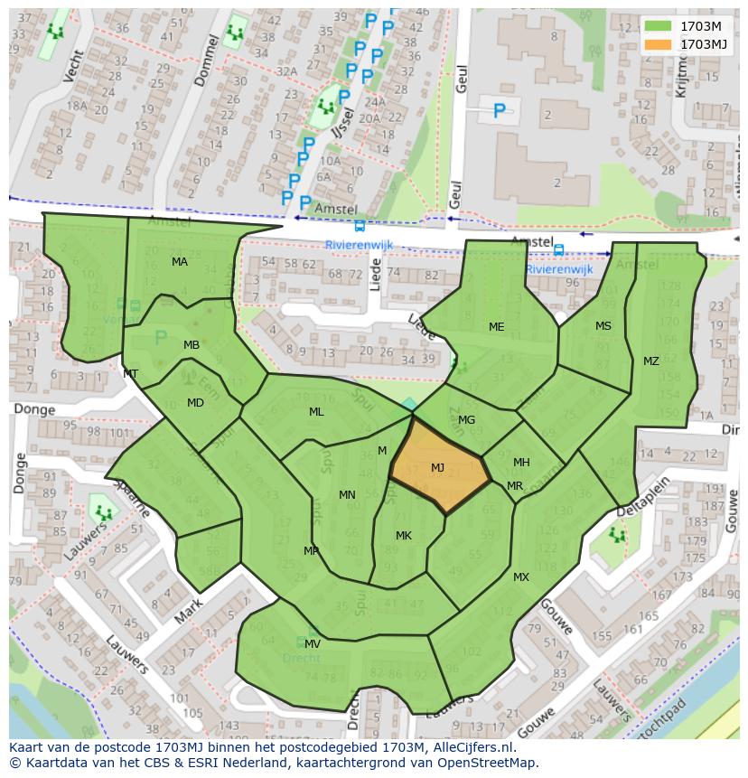 Afbeelding van het postcodegebied 1703 MJ op de kaart.
