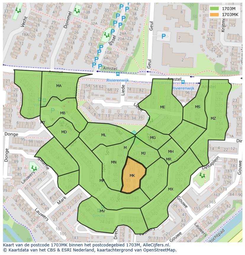 Afbeelding van het postcodegebied 1703 MK op de kaart.