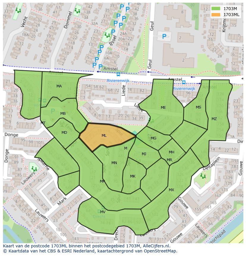Afbeelding van het postcodegebied 1703 ML op de kaart.