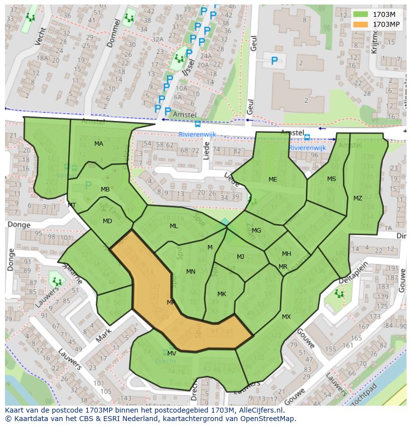 Afbeelding van het postcodegebied 1703 MP op de kaart.