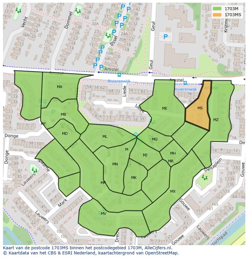 Afbeelding van het postcodegebied 1703 MS op de kaart.