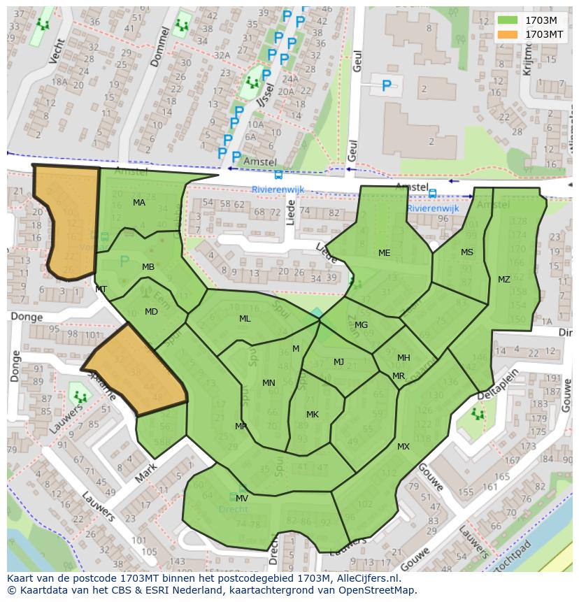 Afbeelding van het postcodegebied 1703 MT op de kaart.