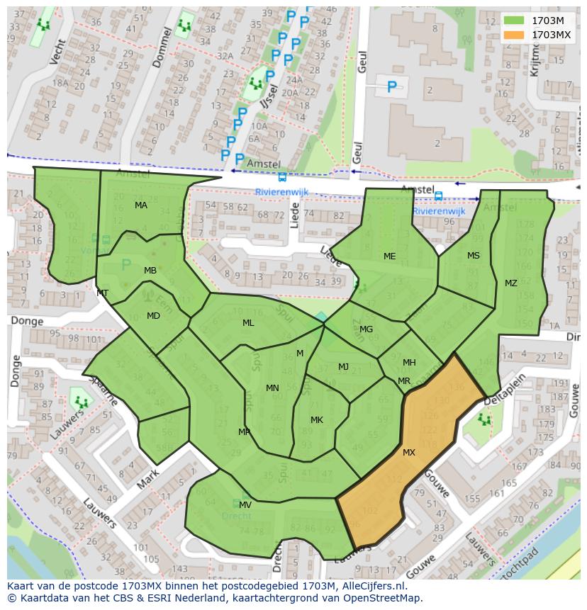 Afbeelding van het postcodegebied 1703 MX op de kaart.