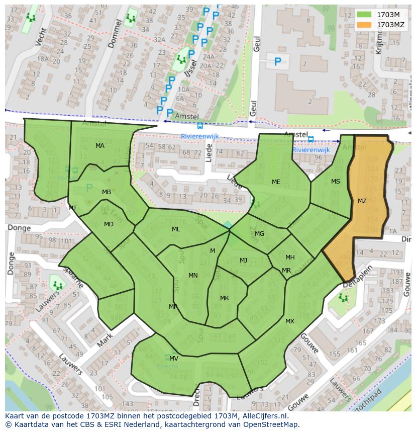 Afbeelding van het postcodegebied 1703 MZ op de kaart.