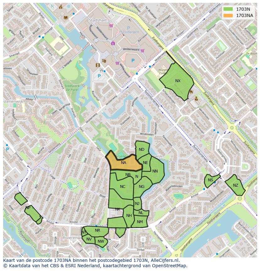 Afbeelding van het postcodegebied 1703 NA op de kaart.