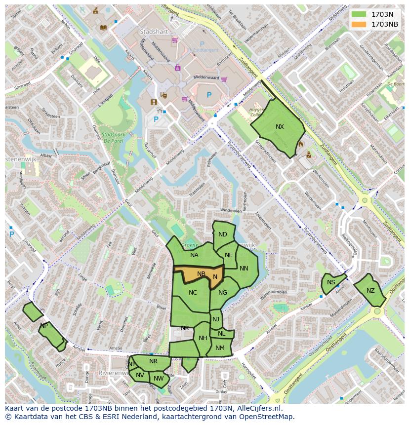 Afbeelding van het postcodegebied 1703 NB op de kaart.