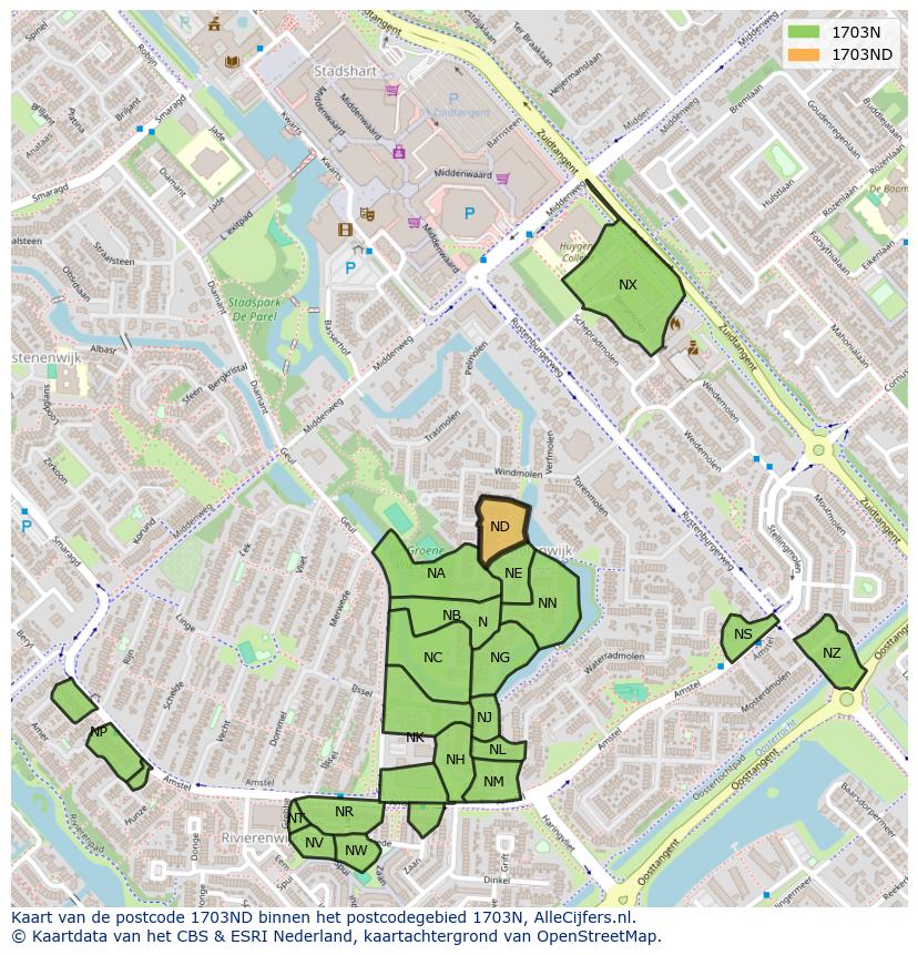 Afbeelding van het postcodegebied 1703 ND op de kaart.