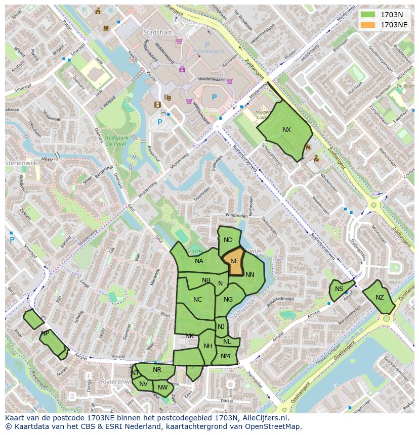 Afbeelding van het postcodegebied 1703 NE op de kaart.