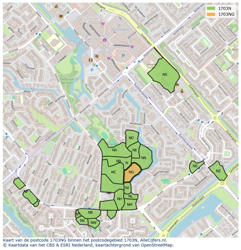 Afbeelding van het postcodegebied 1703 NG op de kaart.