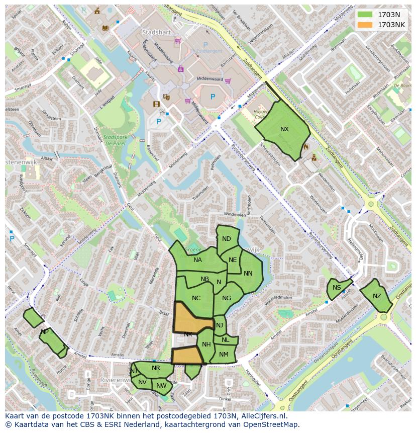 Afbeelding van het postcodegebied 1703 NK op de kaart.