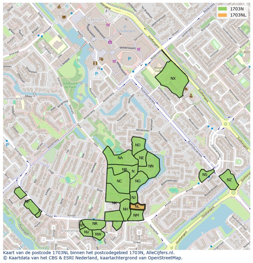 Afbeelding van het postcodegebied 1703 NL op de kaart.