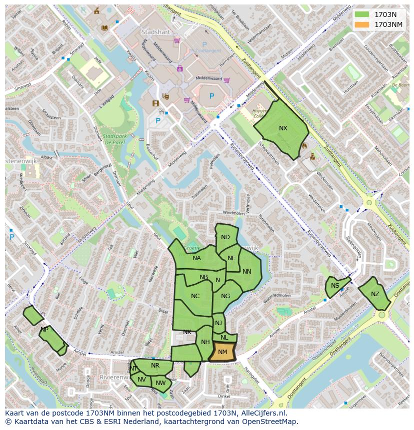 Afbeelding van het postcodegebied 1703 NM op de kaart.