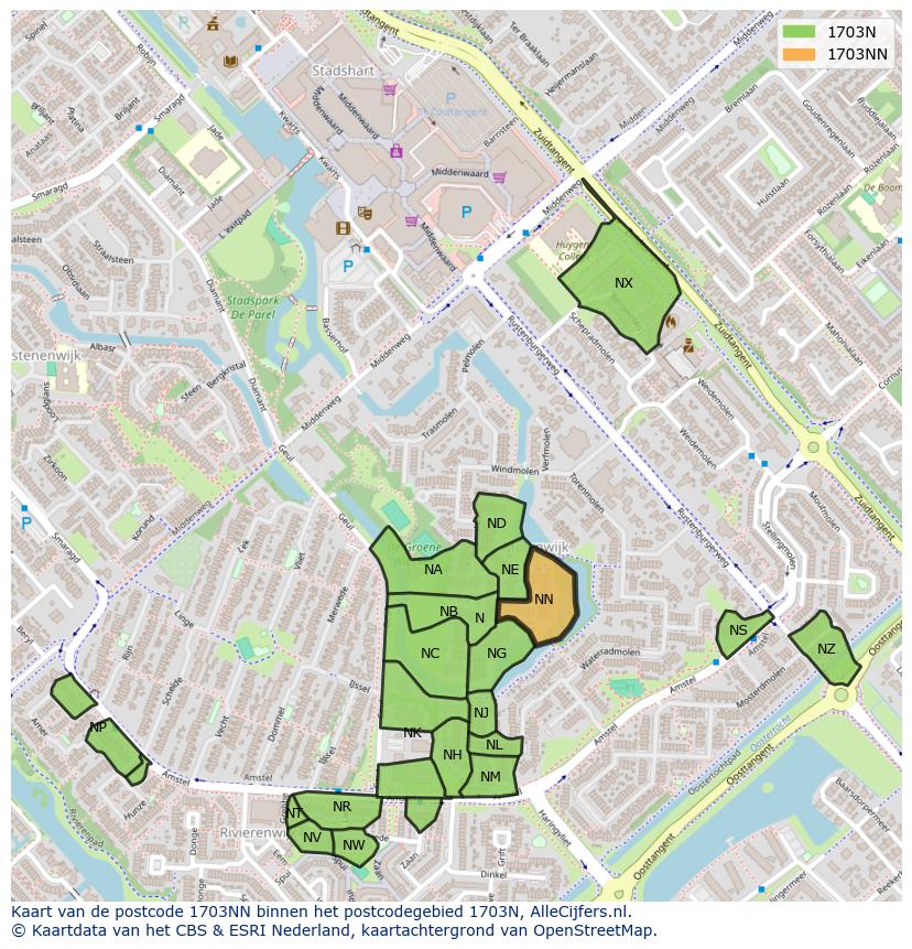 Afbeelding van het postcodegebied 1703 NN op de kaart.