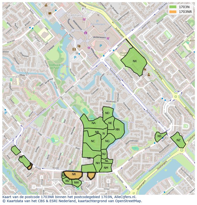 Afbeelding van het postcodegebied 1703 NR op de kaart.