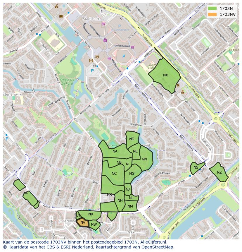Afbeelding van het postcodegebied 1703 NV op de kaart.