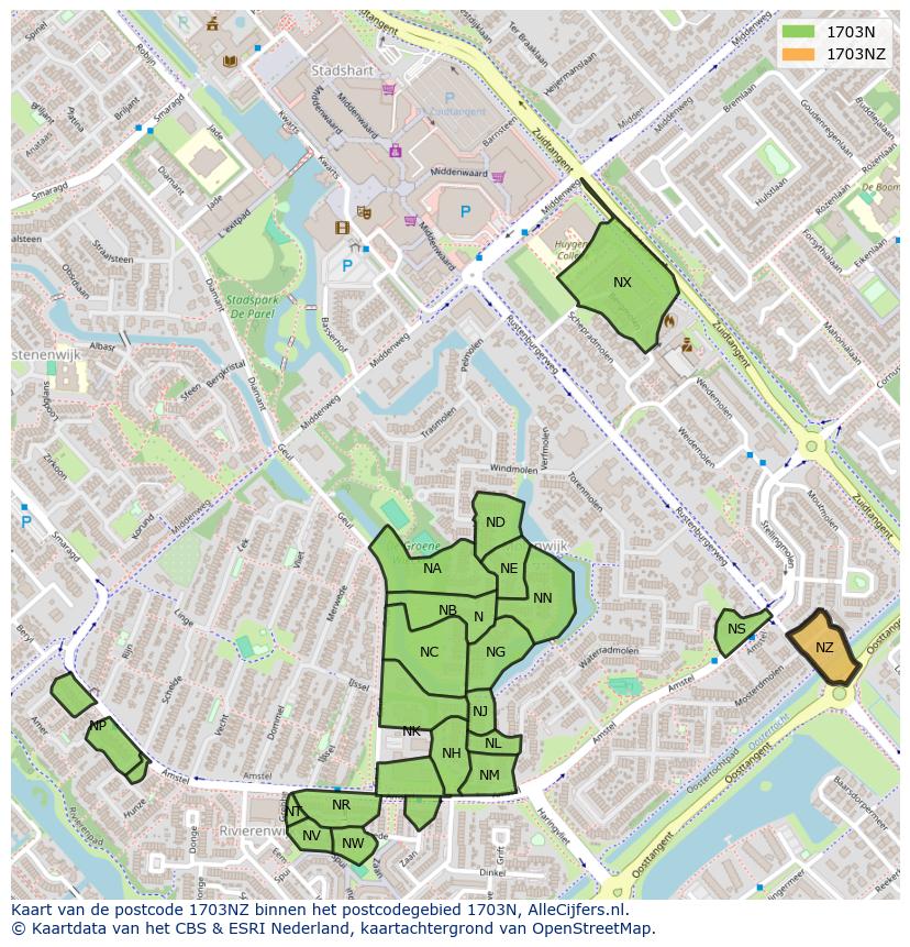 Afbeelding van het postcodegebied 1703 NZ op de kaart.