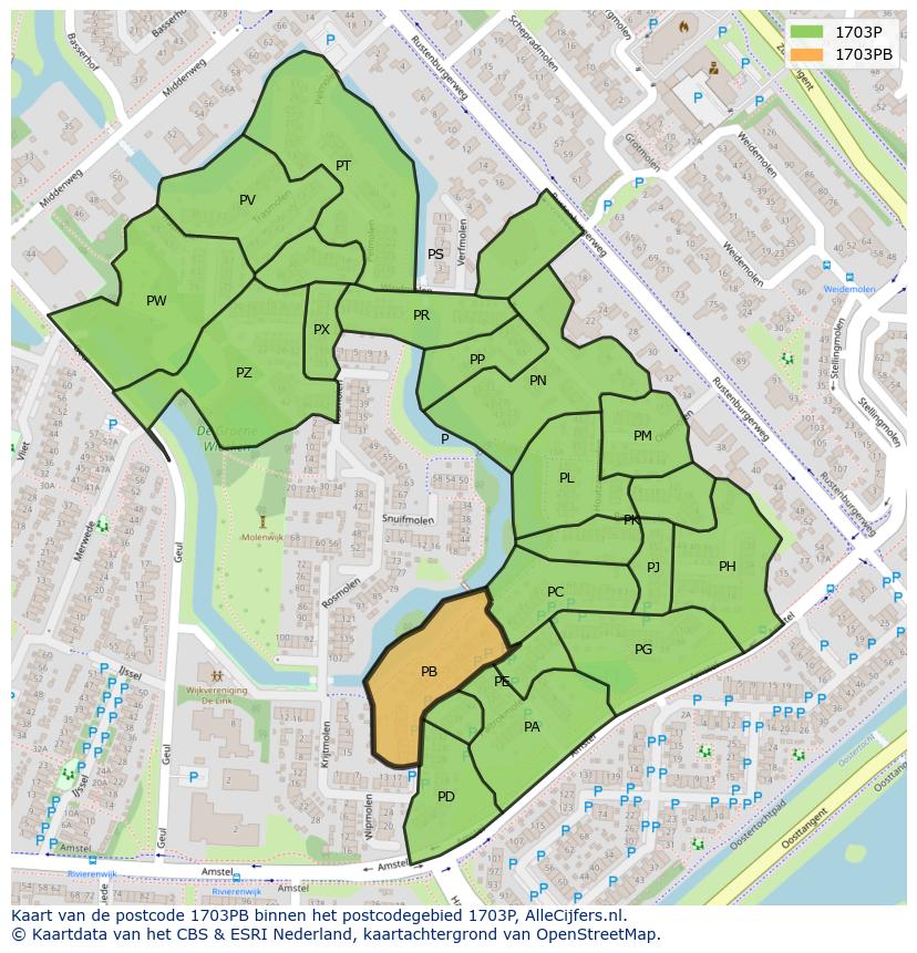 Afbeelding van het postcodegebied 1703 PB op de kaart.