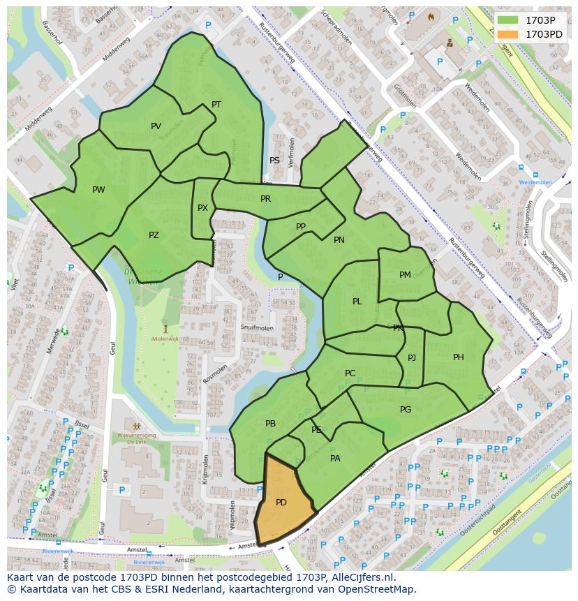 Afbeelding van het postcodegebied 1703 PD op de kaart.