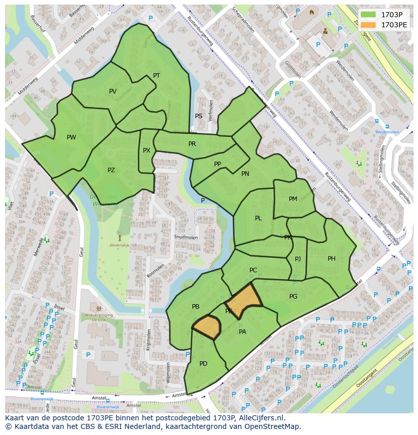Afbeelding van het postcodegebied 1703 PE op de kaart.