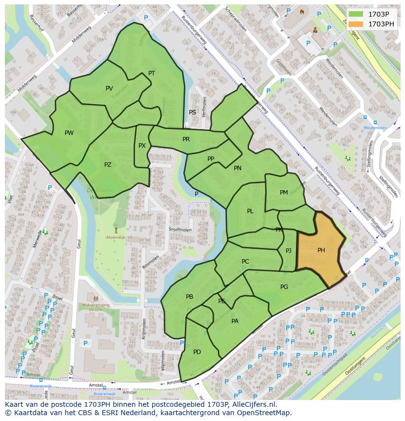 Afbeelding van het postcodegebied 1703 PH op de kaart.