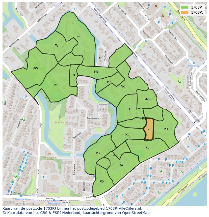 Afbeelding van het postcodegebied 1703 PJ op de kaart.