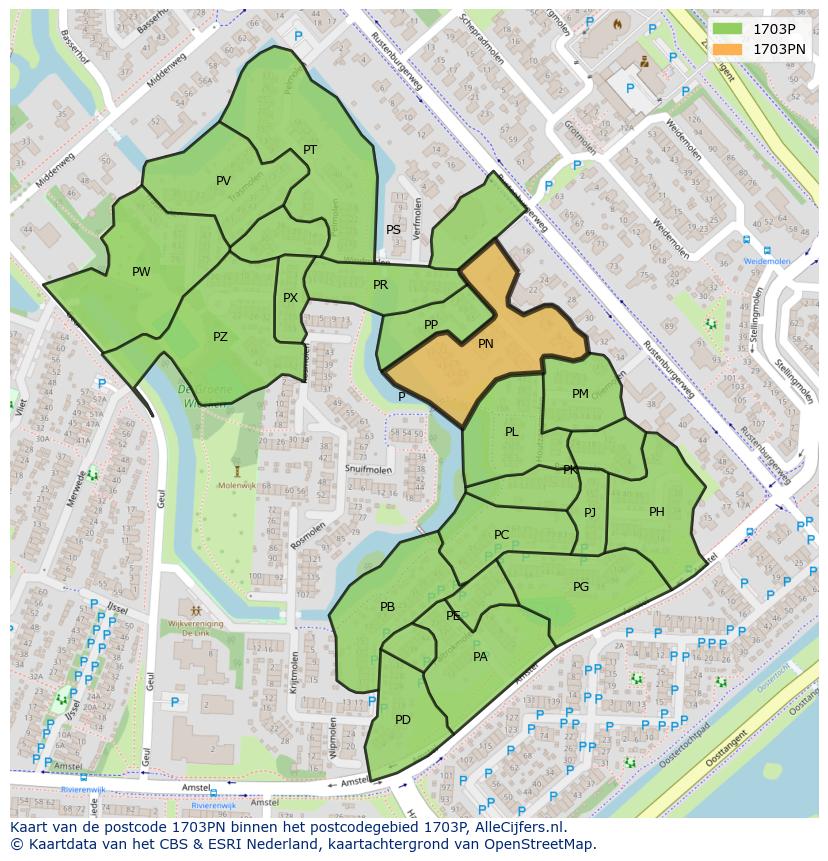 Afbeelding van het postcodegebied 1703 PN op de kaart.