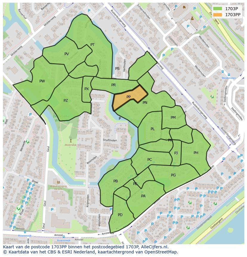 Afbeelding van het postcodegebied 1703 PP op de kaart.